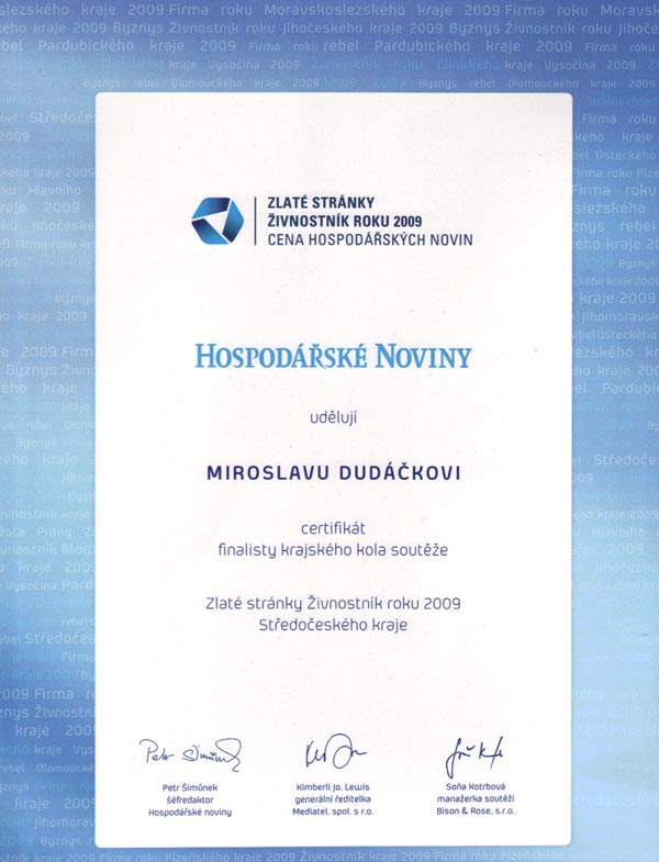 Certifikát - Živnostník roku 2009
